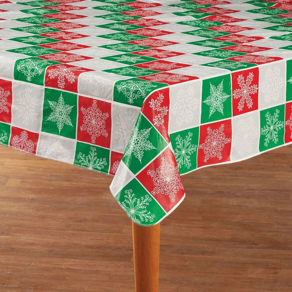 Snowflake Patchwork Vinyl Tablecloth 60 X 90-in Holiday Red Green Fleece Backing
